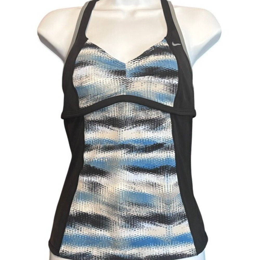Nike Womens Racerback Tank Top Built In Bra Blue Black Abstract Print Medium